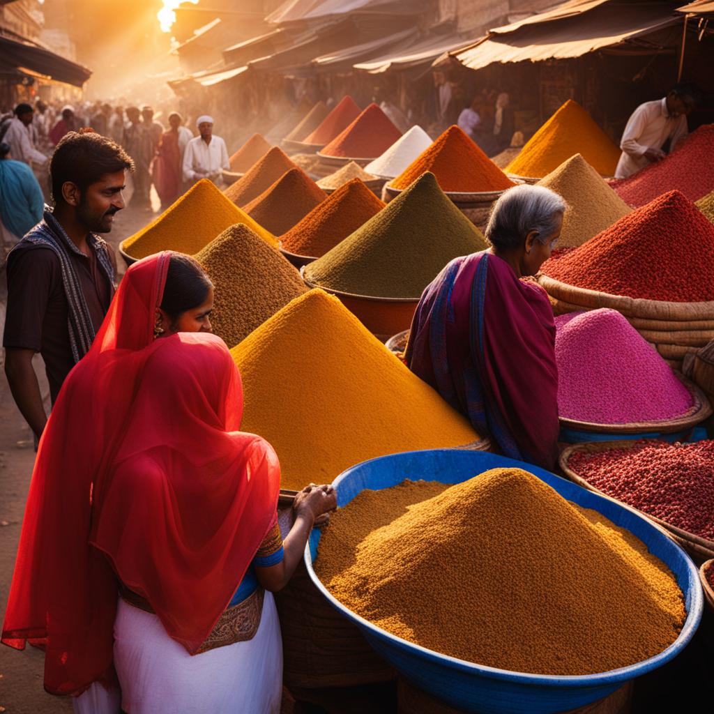 venture into a vibrant indian market, with bustling crowds and aromatic spices. 