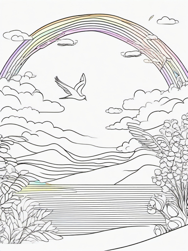 Rainbow Coloring Page - Horizontal rainbow with birds flying around.  easy,simple,minimal,coloring pages,black and white outline