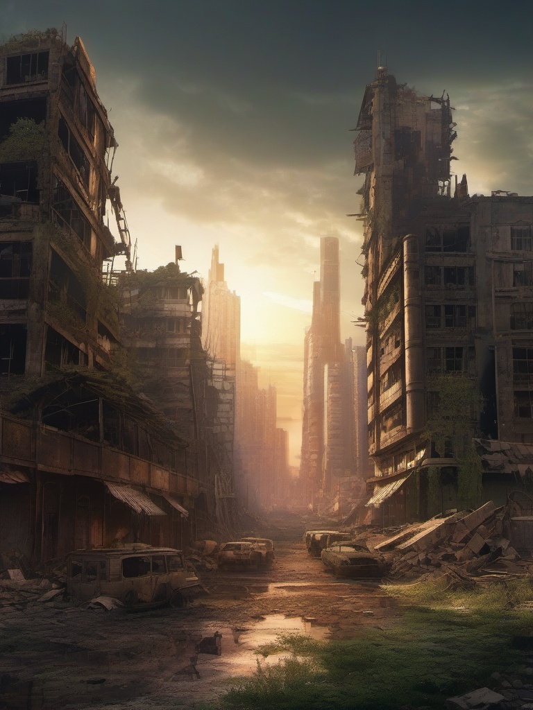 Post-Apocalyptic Ruined City Anime Background intricate details, patterns, wallpaper photo