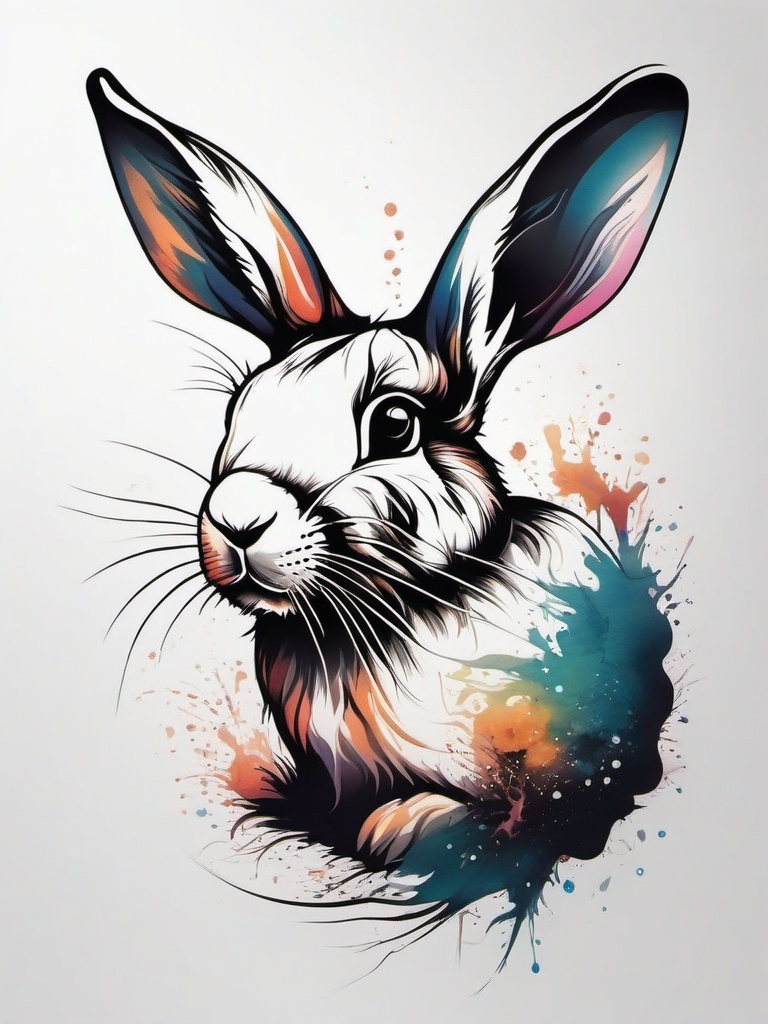 Rabbit tattoo, Agile rabbit tattoo, representing fertility and quick thinking. , tattoo color art, clean white background