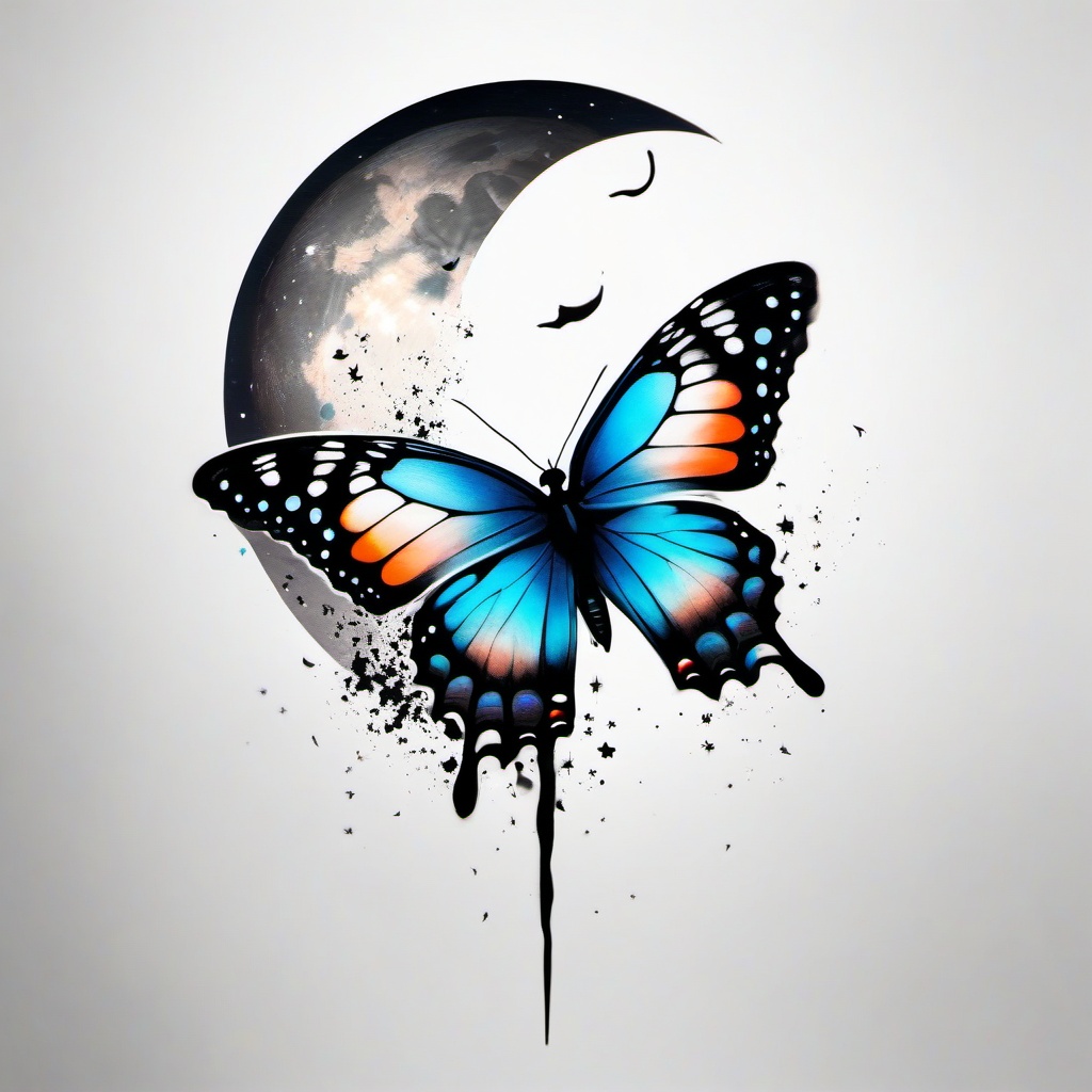 butterfly and moon tattoo  simple color tattoo,white background,minimal