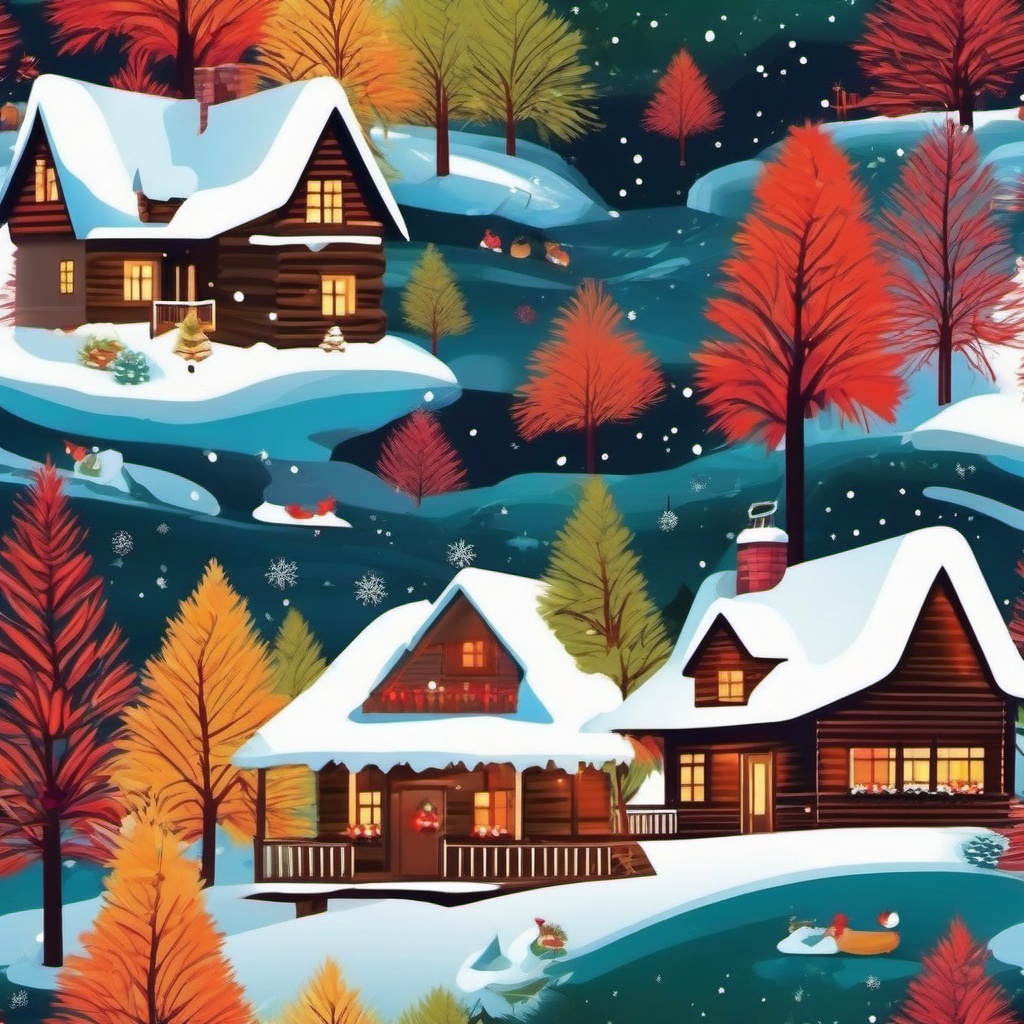 Christmas Scenery Wallpaper Cozy Cabin Retreats in a Winter Wonderland Setting wallpaper splash art, vibrant colors, intricate patterns