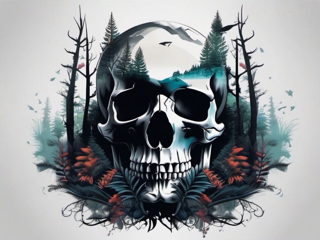 skull forest tattoo  simple color tattoo,white background