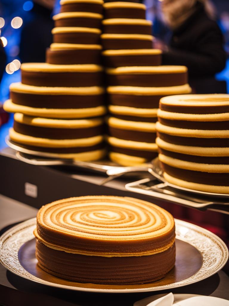 baumkuchen, a german tree cake, savored at a traditional christmas market in munich. 