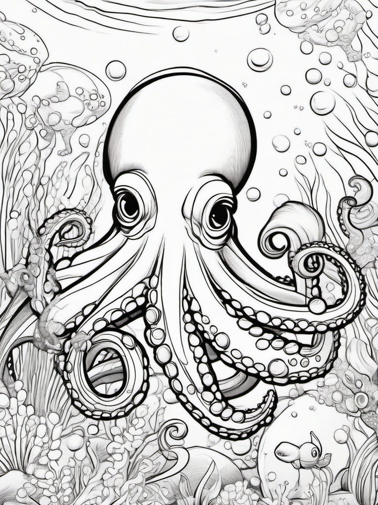 Octopus Coloring Pages - Octopus blowing bubbles in the deep sea  simple coloring pages