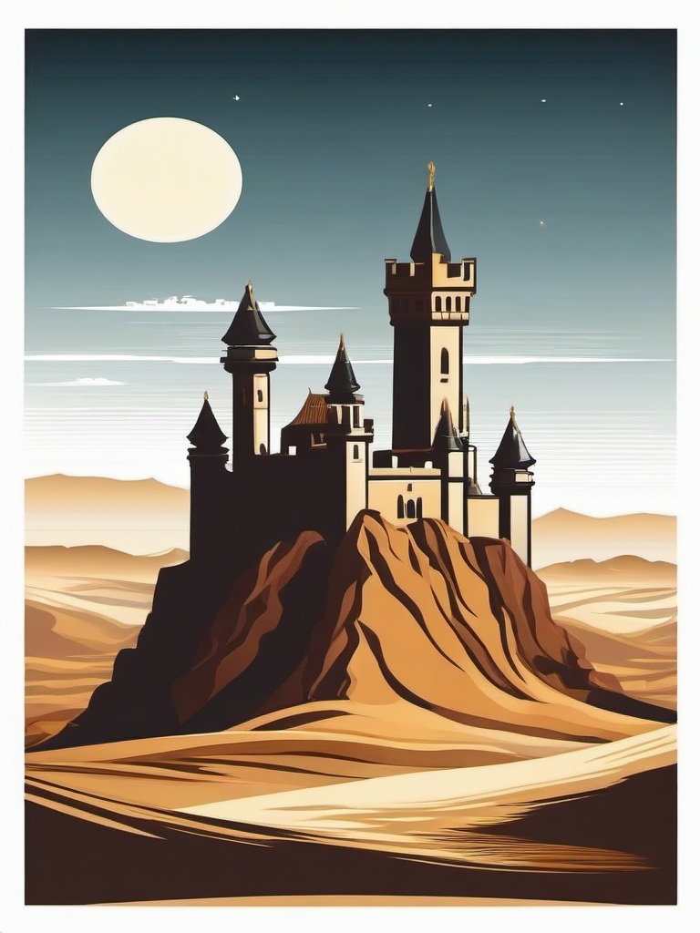 Distant castle in the middle of a desert clipart.  vector style illustration, white background