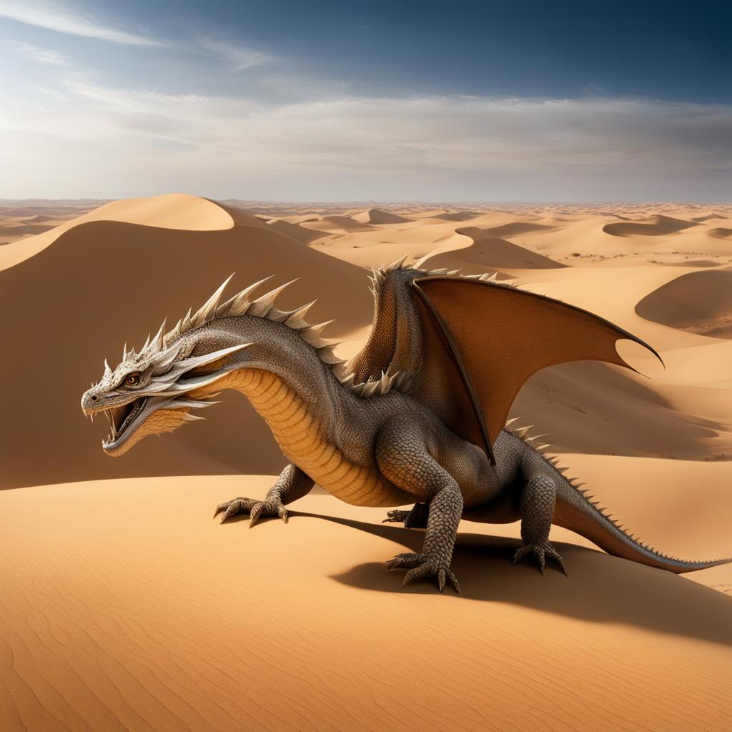 desert dragon traversing the vast dunes of a scorching desert, its sand-colored scales providing perfect camouflage. 