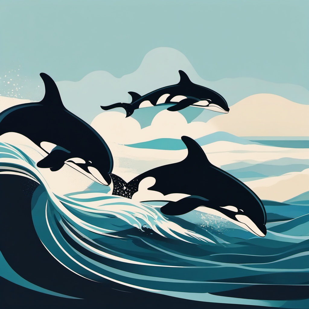 Orcas in the Wild Clip Art - Wild orcas leaping in the open ocean,  color vector clipart, minimal style