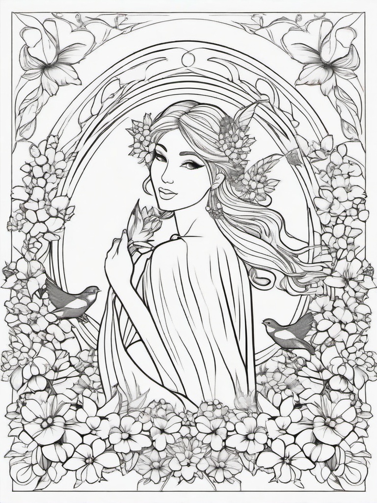 Fairy with Birds and Blossoms Coloring Pages - Fairy Enjoying the Blooming Springtime  minimal black outline printable sheet, coloring page