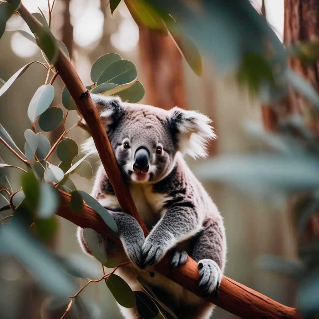 Cute Koala Clinging to Eucalyptus Trees in a Eucalyptus Forest 8k, cinematic, vivid colors