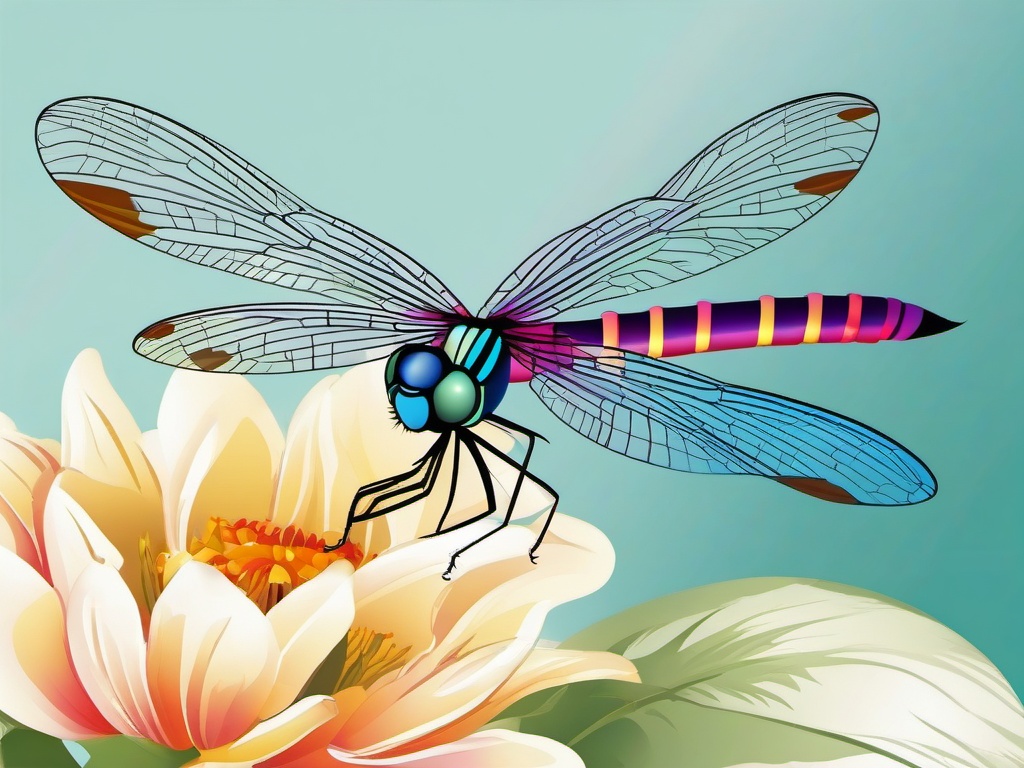 Colorful dragonfly in flight over a flower clipart.  vector style illustration