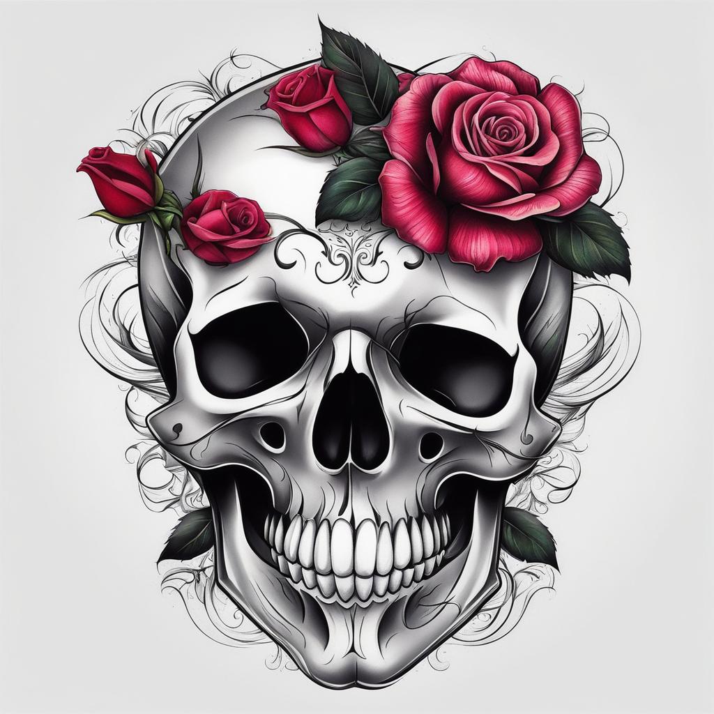 Skull with a rose tattoo, Unique tattoos combining skulls with delicate rose imagery. , color tattoo design, clean white background