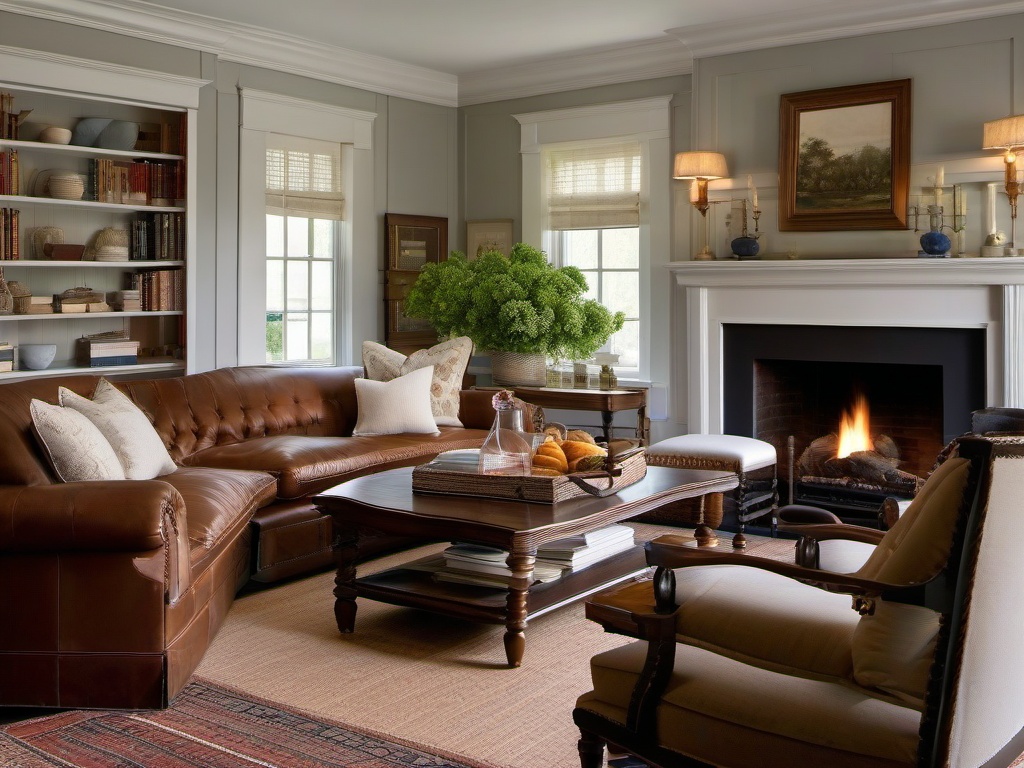 American Colonial interior design in the living room features a traditional fireplace, wingback chairs, and a large wooden coffee table that creates a cozy and welcoming atmosphere.  