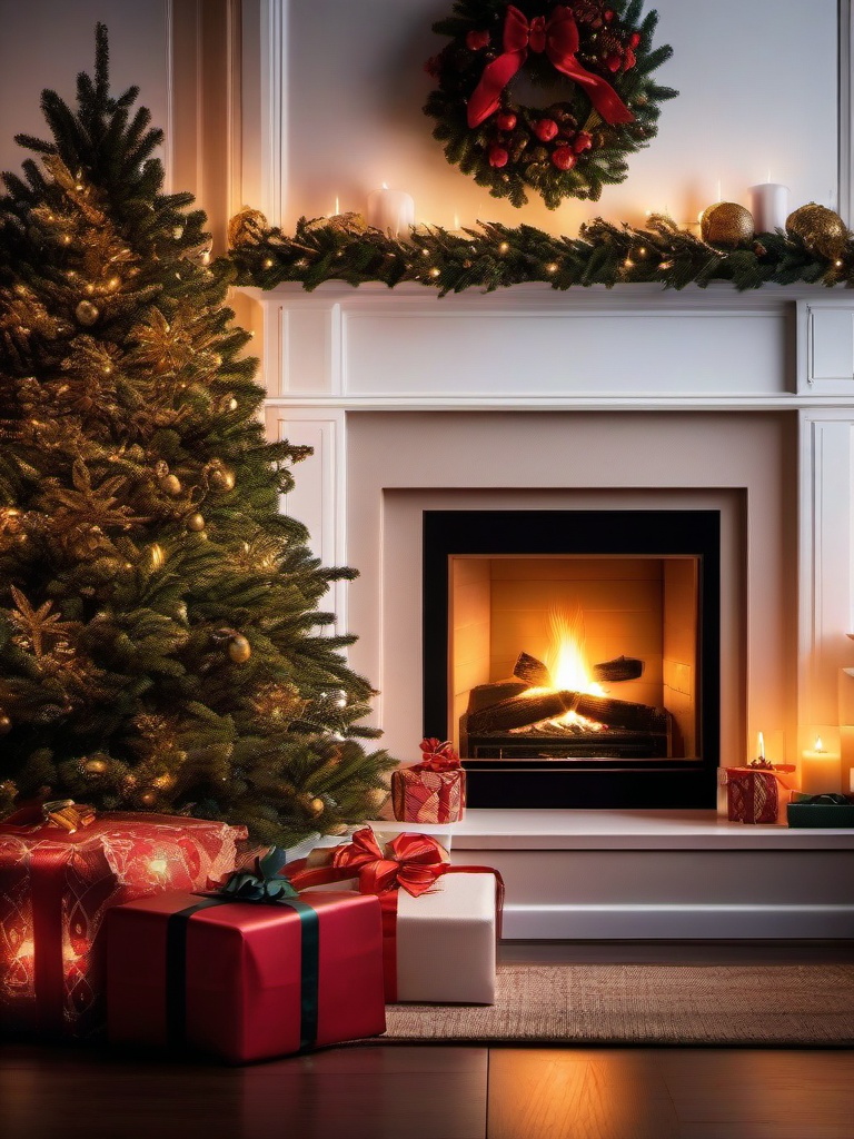 Christmas Background Images - Cozy Fireplace on Christmas Eve  wallpaper style, intricate details, patterns, splash art, light colors