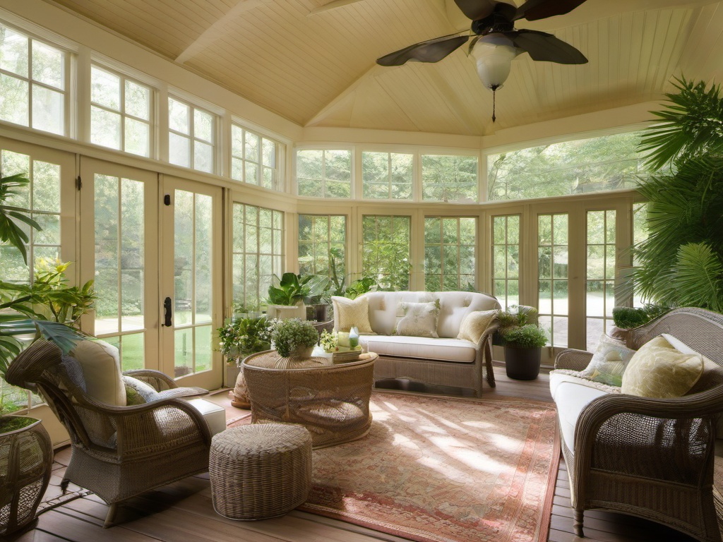 A sunroom with traditional interior design highlights comfortable seating, classic fabrics, and lush plants that create a bright and inviting space to enjoy the outdoors.  