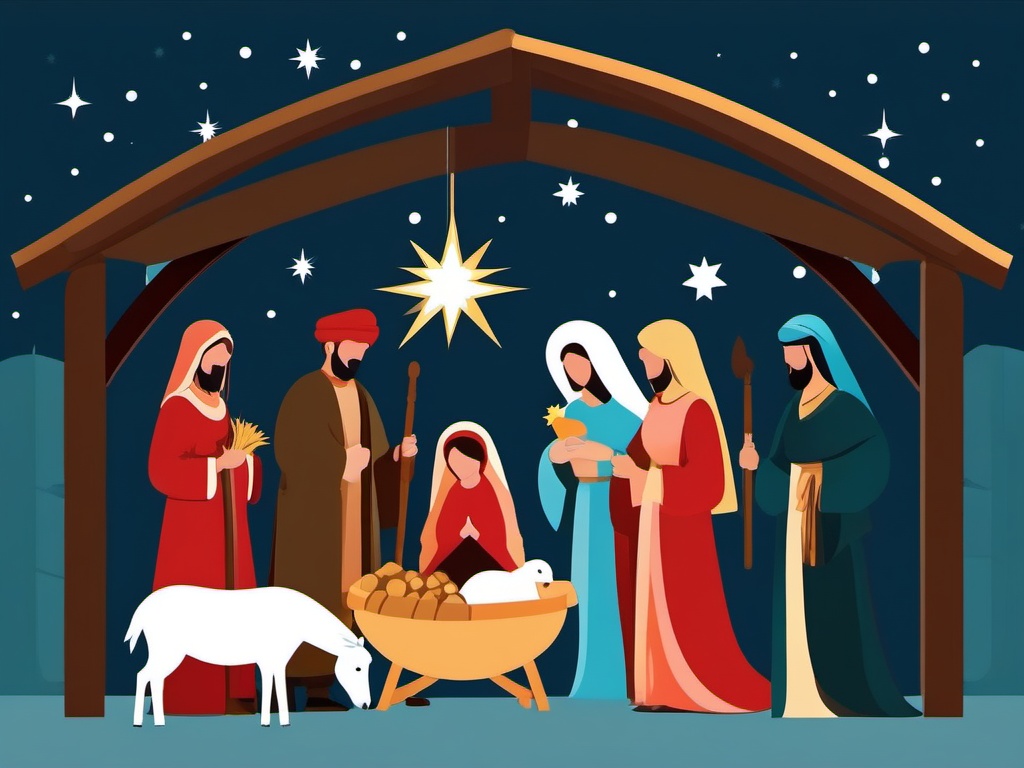 Christmas nativity scene clipart, A detailed and traditional nativity scene illustration.  simple, 2d flat