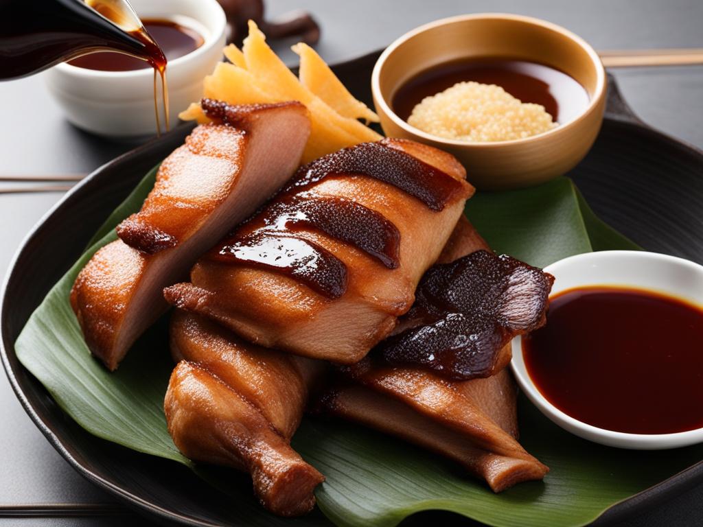 chinese peking duck feast - succulent duck with crispy skin, served with pancakes and hoisin sauce. 