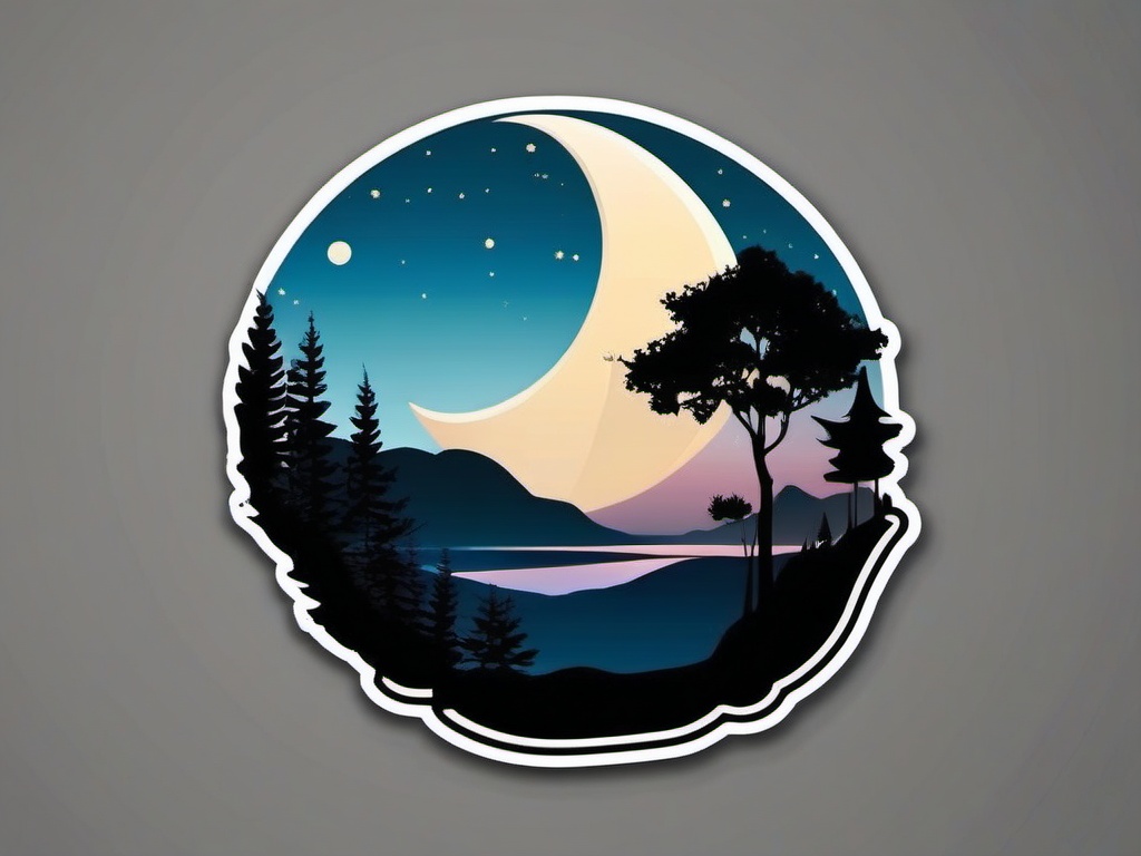 Moonlit Night Sticker - Tranquil night with a crescent moon, ,vector color sticker art,minimal