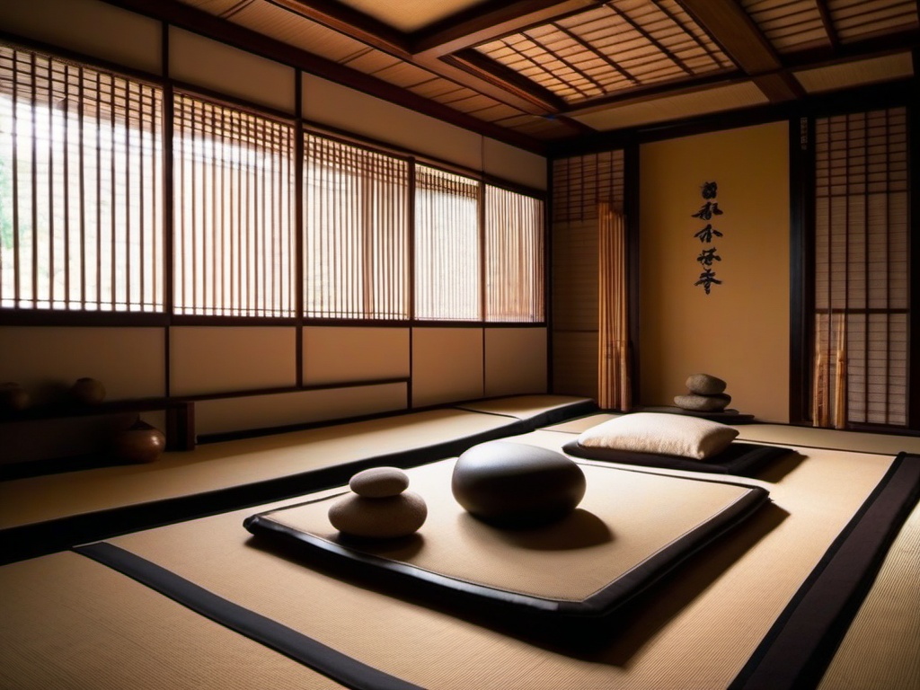 Zen-inspired meditation room with tatami mats and a rock garden.  