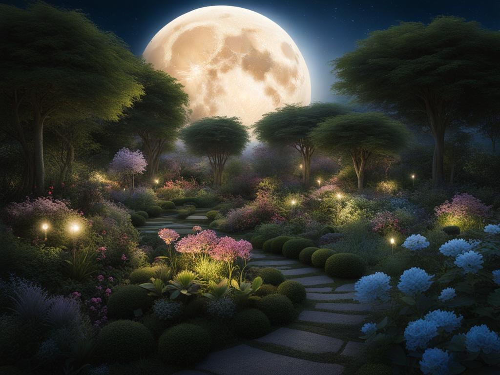 wander through the mystical moon garden, a garden that only blooms under the light of the moon. 