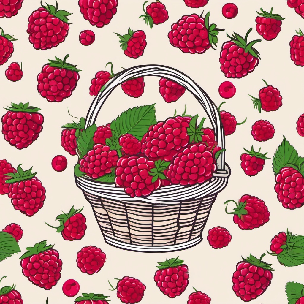 Raspberry Pint Basket Clipart - Basket filled with freshly picked raspberries.  color vector clipart, minimal style