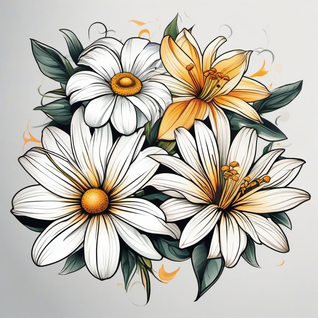 Daisy Lily Tattoo-Combination of the charm of daisies with the elegance of lilies in a tattoo, expressing love and purity.  simple vector color tattoo