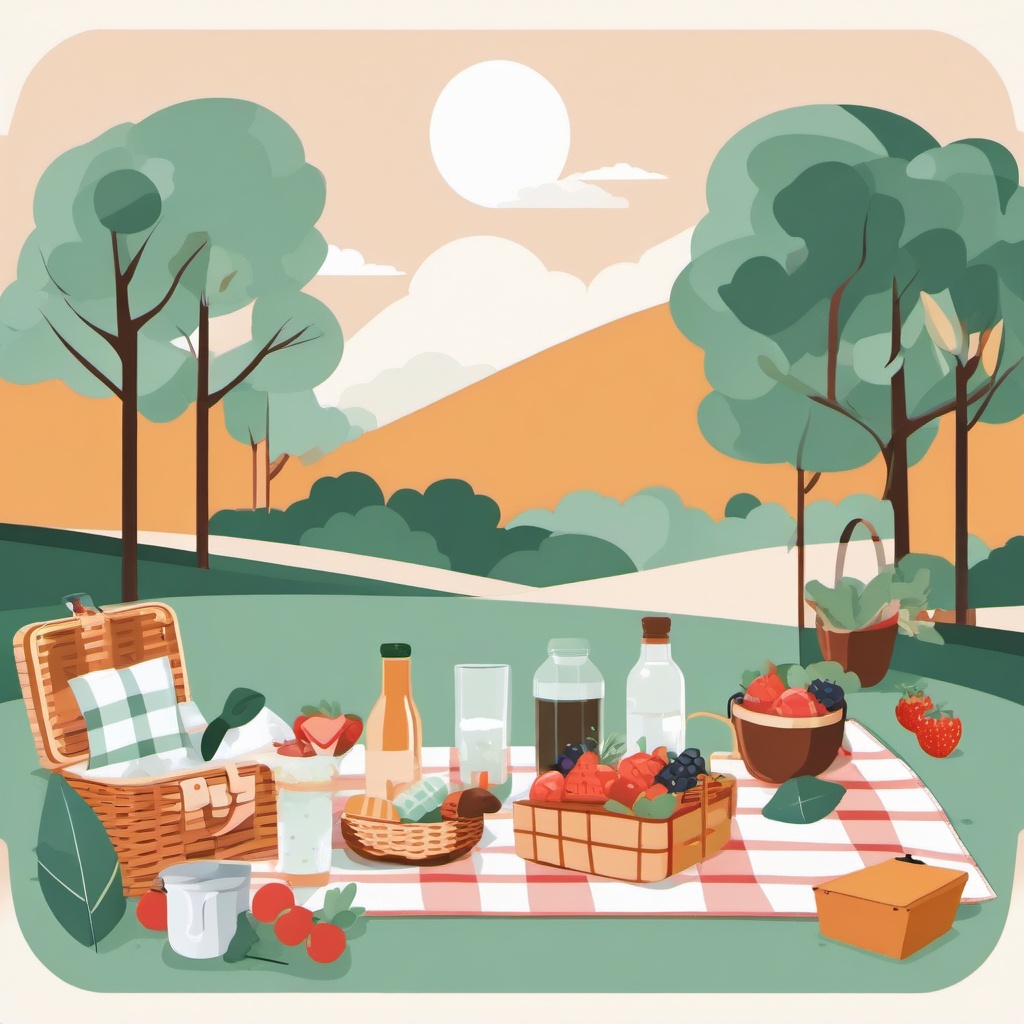 June clipart - picnic in the park with a June blanket  color,minimalist,vector clipart