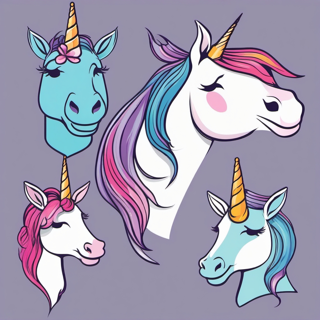 Clipart Unicorn Face - Expressive and delightful unicorn faces captured in charming clipart style.  vector art, clipart, minimal