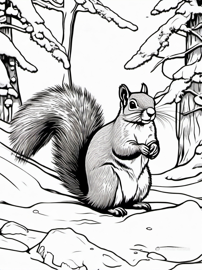 Winter Squirrel Coloring Pages - Squirrel Gathering Food in the Snow  minimal black outline printable sheet, coloring page