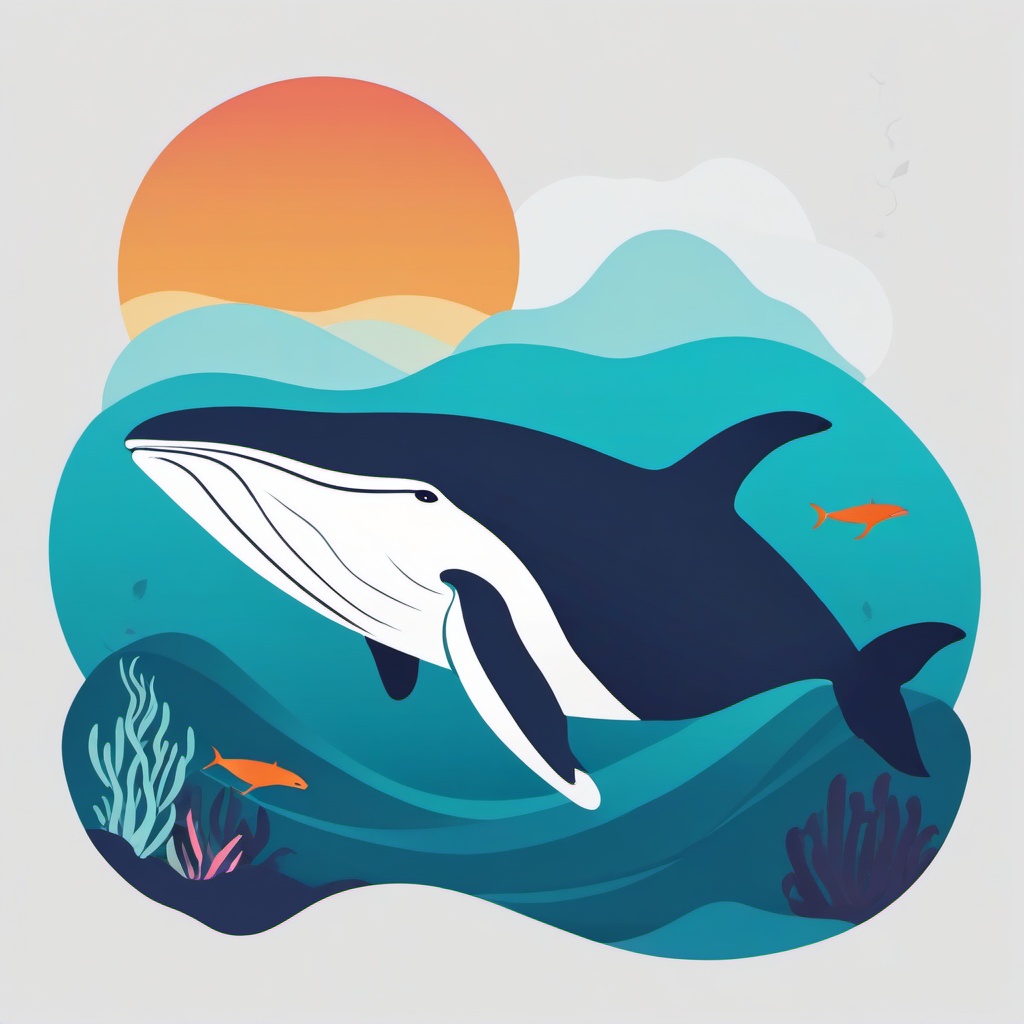 Whale clipart - whale with a diver exploring nearby  color,minimalist,vector clipart