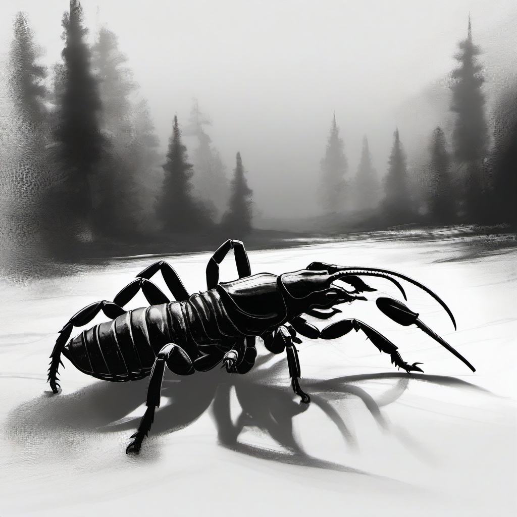 drawing of a scorpion in a shadowy scene  minimal rough sketch scribbles,doodles,black and white