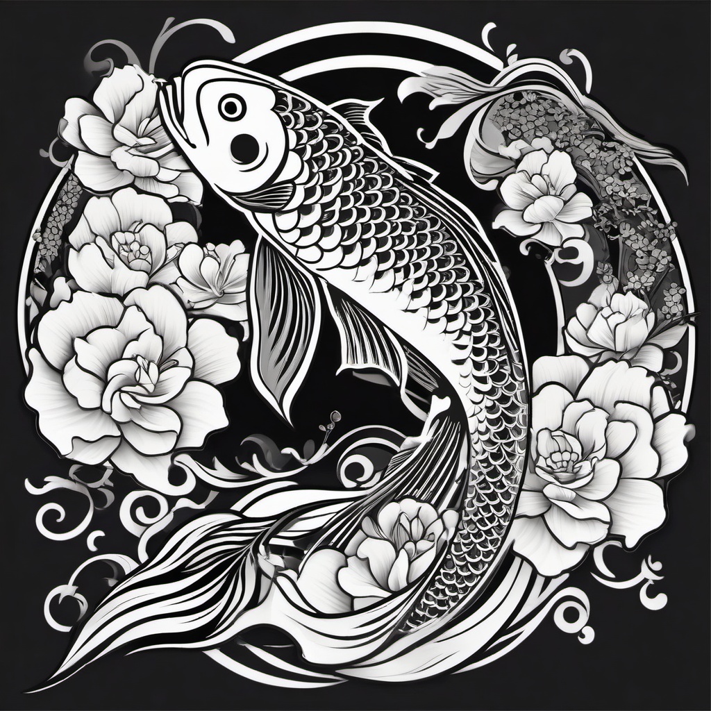 Black and White Koi Tattoo-Elegant and monochromatic tattoo featuring a Koi fish, symbolizing perseverance and strength.  simple color vector tattoo