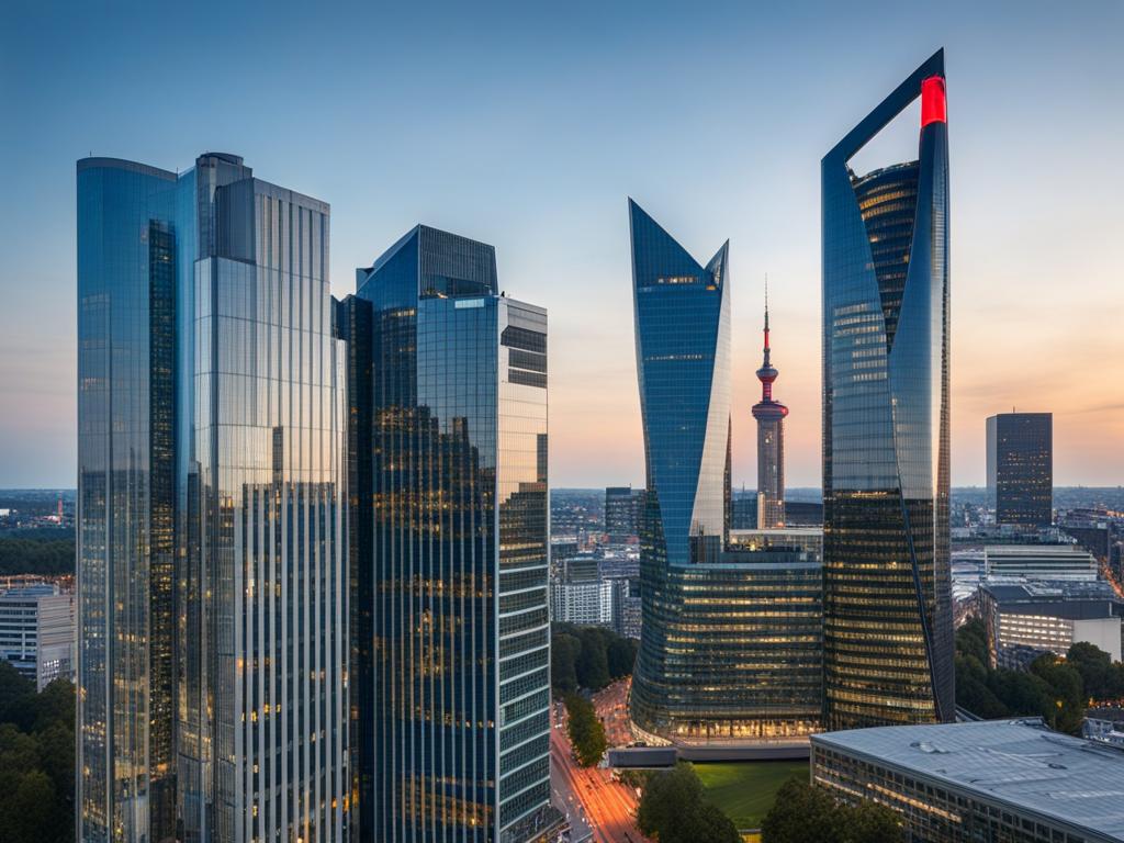 modernist skyscrapers, with sleek glass facades, define the skyline of frankfurt, germany. 