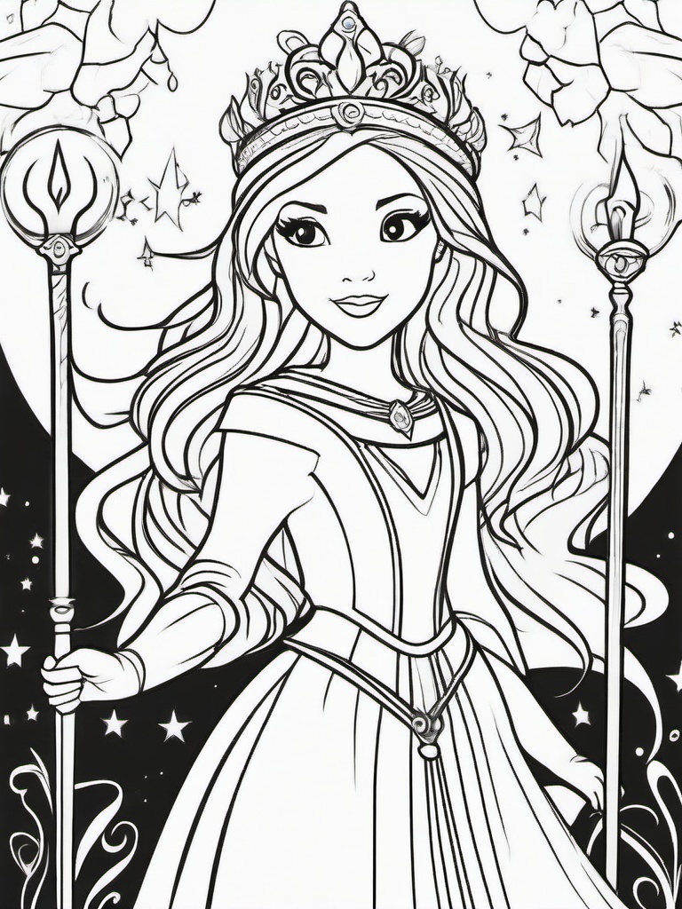 Princess with Magic Wand Coloring Pages - Spell-Casting Royalty with a Wand  minimal black outline printable sheet, coloring page