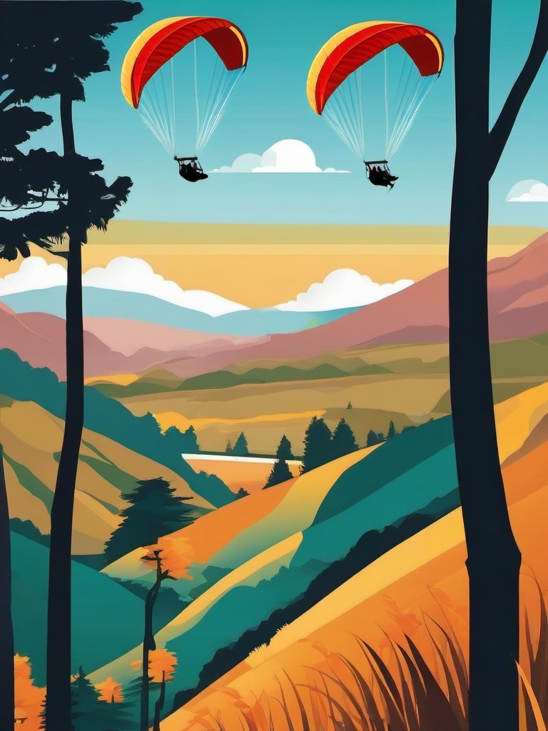 Paragliding Scenic Landscape Clipart - Paragliders soaring with breathtaking scenic landscapes.  color vector clipart, minimal style