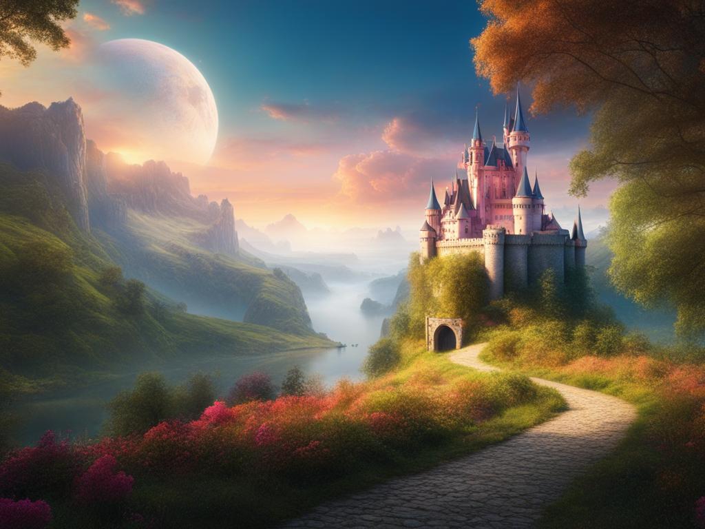 Enchanted castle in a dreamlike landscape, matte painting, UHD, cinematic, rich bright colors
