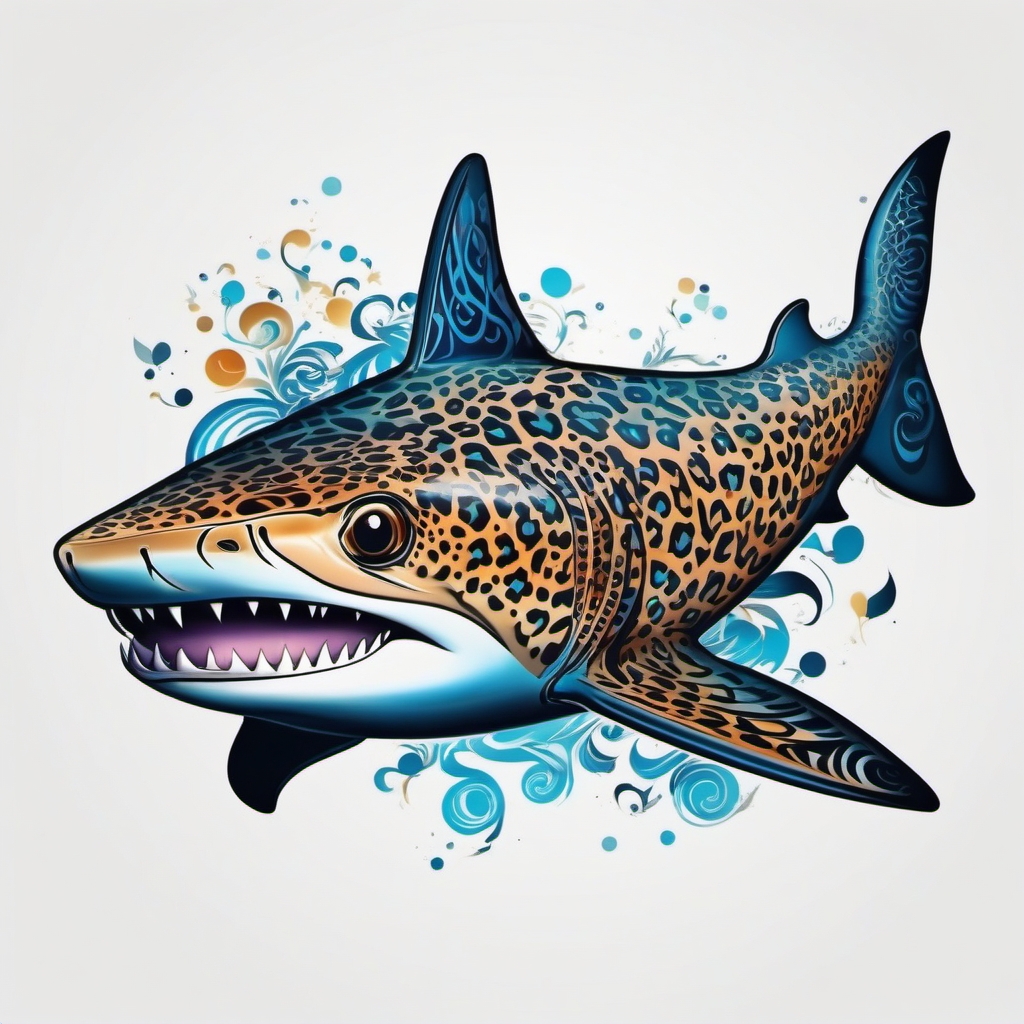 Leopard Shark tattoo,A Leopard Shark with captivating patterns, creating a mesmerizing and artistic design.  color tattoo style, minimalist, white background