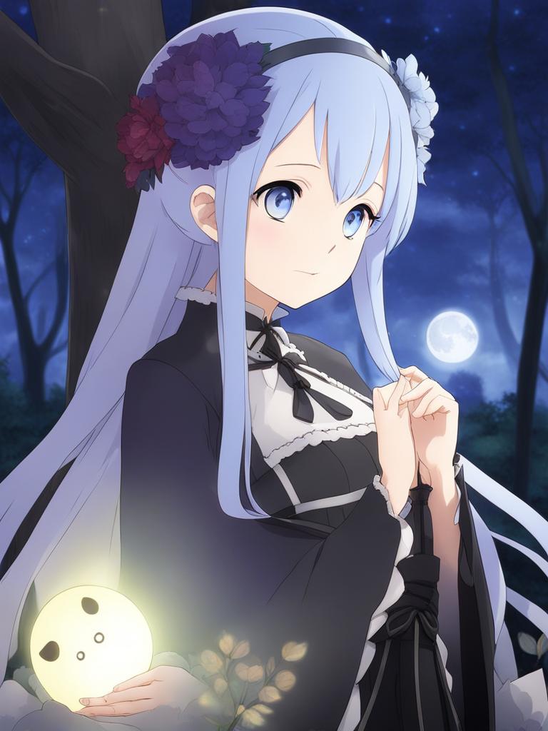 rem (re: zero) - protects her loved ones in a serene, enchanted forest beneath a full moon. 