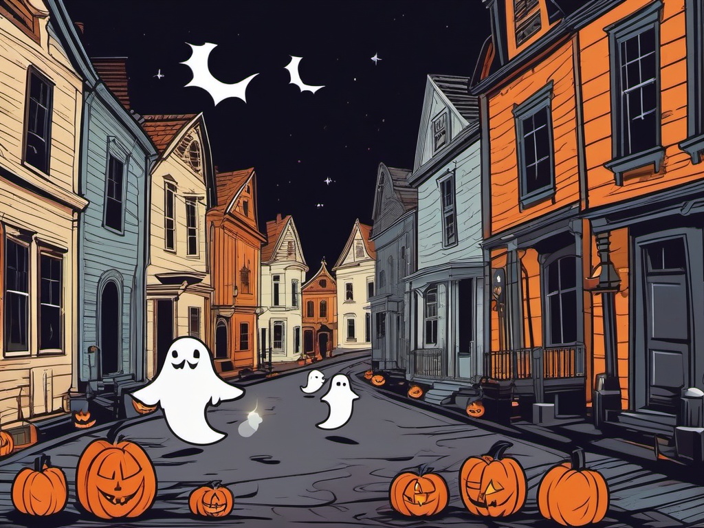 Cute Halloween Wallpaper - Cute Ghosts in the Historic Streets of Salem  wallpaper style, intricate details, patterns, splash art, light colors