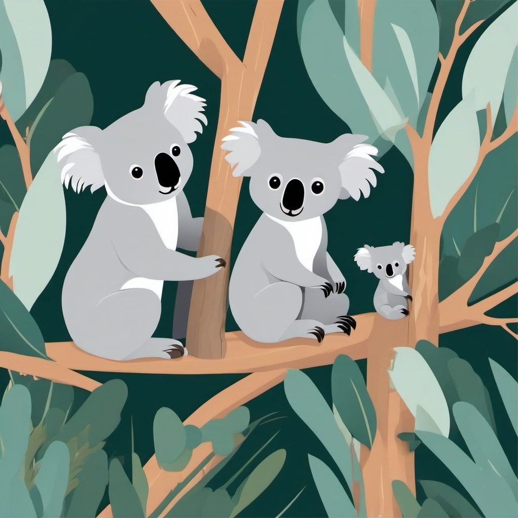 Koala Family Clip Art - A family of koalas in eucalyptus trees,  color vector clipart, minimal style