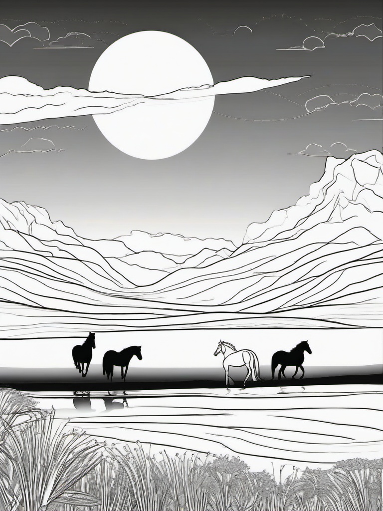 Horses at Sunset Coloring Pages - Beautiful Scene with Horses at Dusk  minimal black outline printable sheet, coloring page