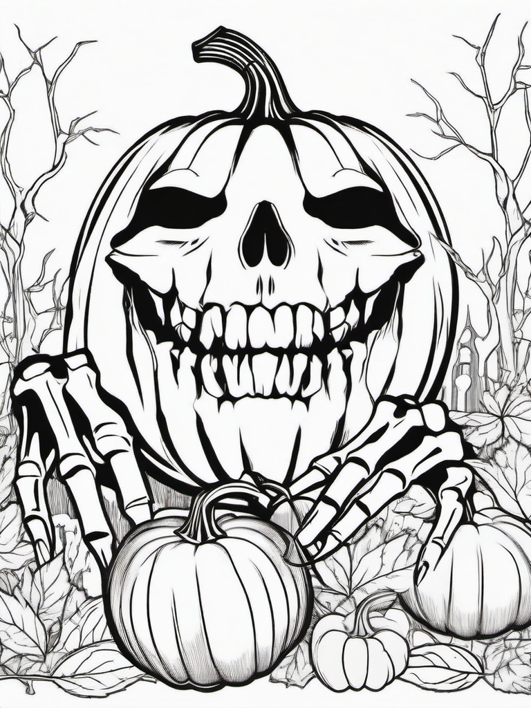 Pumpkin with Skeleton Hands Coloring Pages - Creepy Skeleton Hands Reaching from the Pumpkin  minimal black outline printable sheet, coloring page