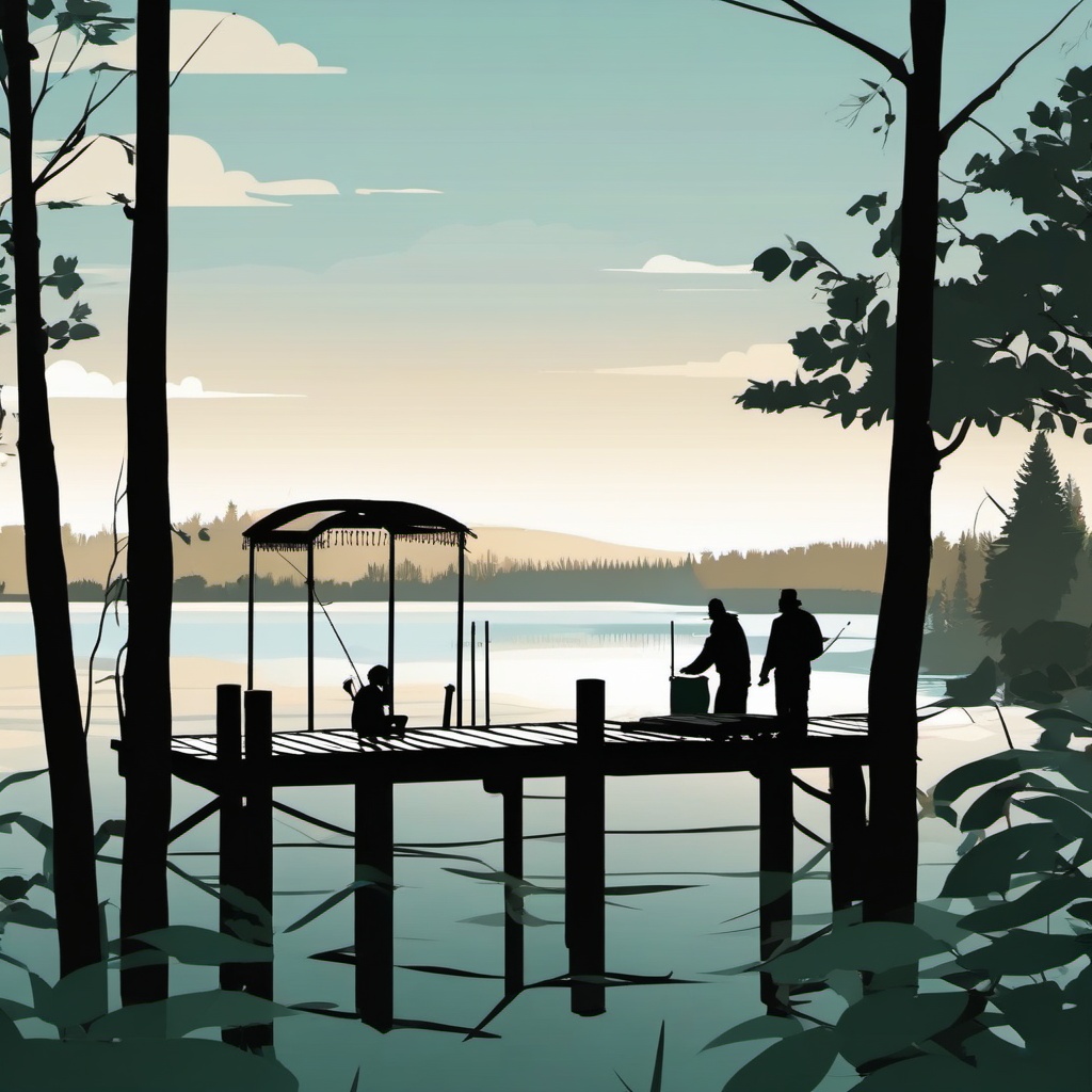 Wooden Pier clipart - People fishing from a wooden pier by the lake., ,vector color clipart,minimal