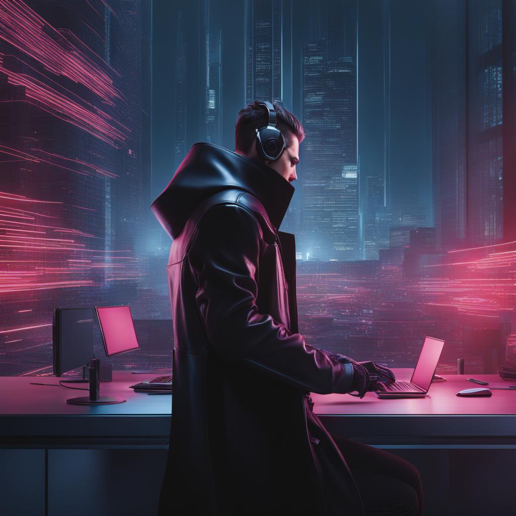 sleek cyberpunk hacker infiltrating a high-tech corporate facility. 