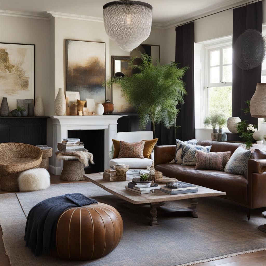 eclectic living room with an array of textures and unique decor. 