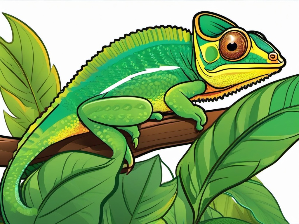 Chameleon Cartoon - Cartoon of chameleon blending into leaves  