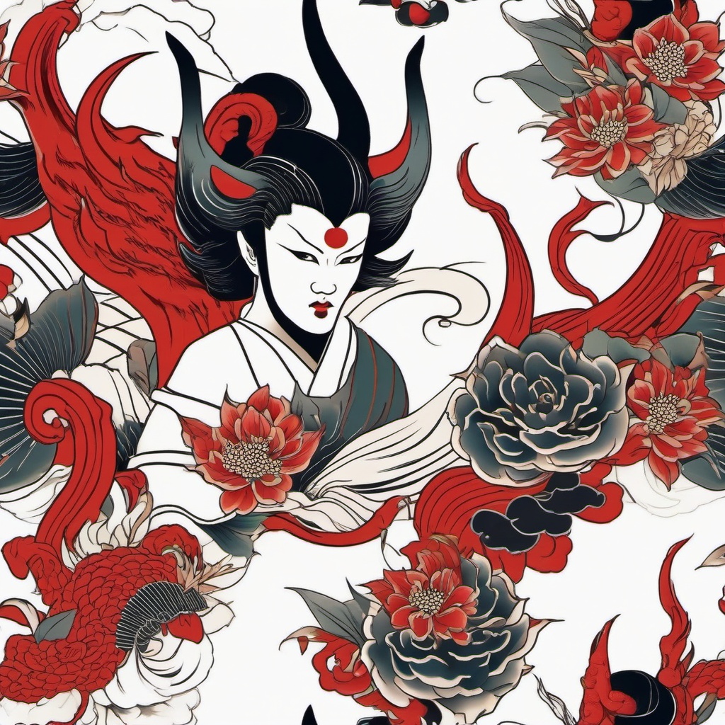 Japanese Tattoo Devil-Creative and cultural tattoo featuring a devil in Japanese style, showcasing traditional and symbolic aesthetics.  simple color tattoo,white background