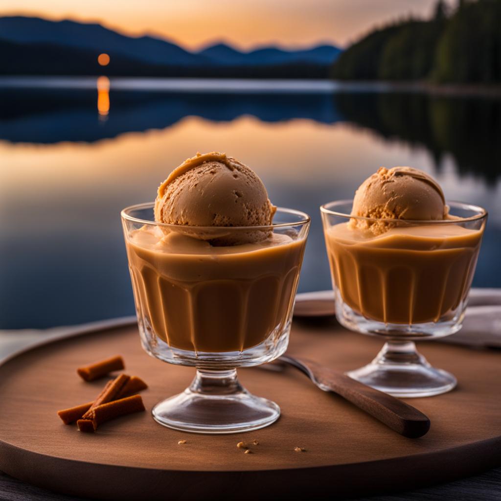 salted caramel truffle ice cream savored on a romantic date by a candlelit lake. 