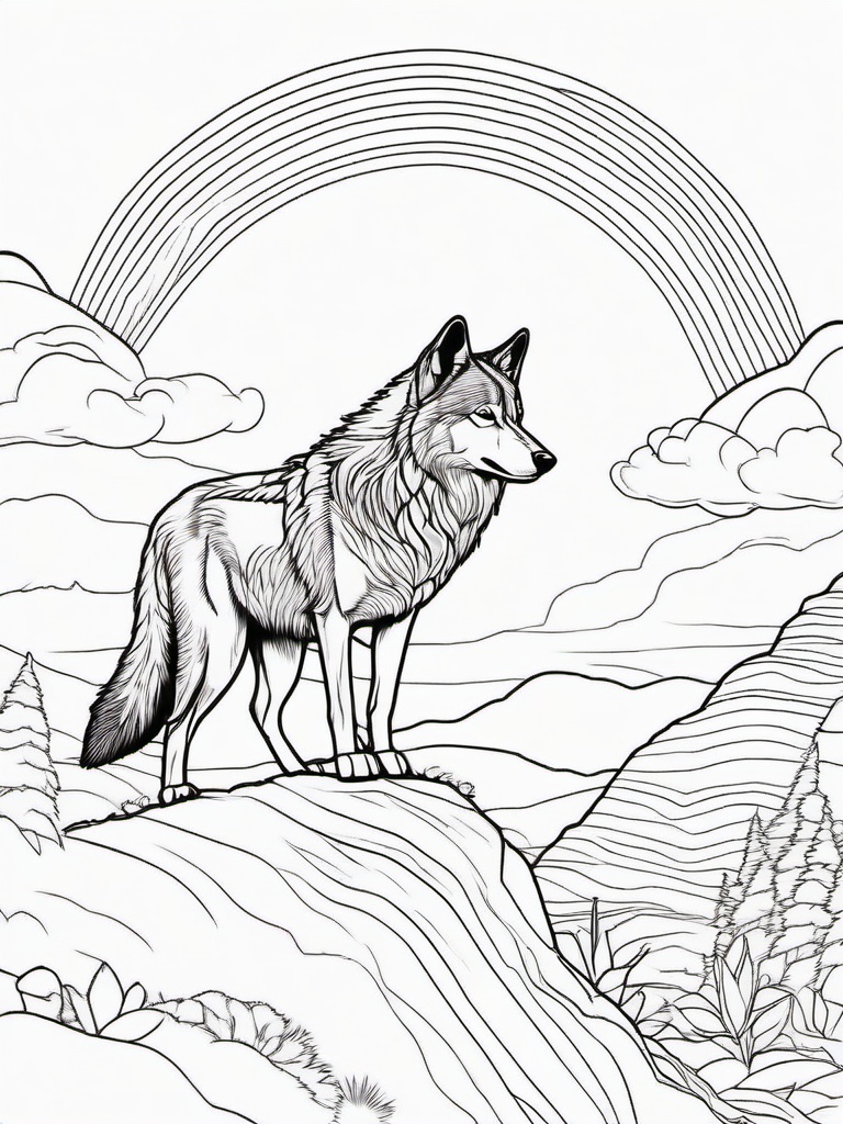 Wolf and Rainbows Coloring Pages - Wolf Gazing at a Bright Rainbow  minimal black outline printable sheet, coloring page