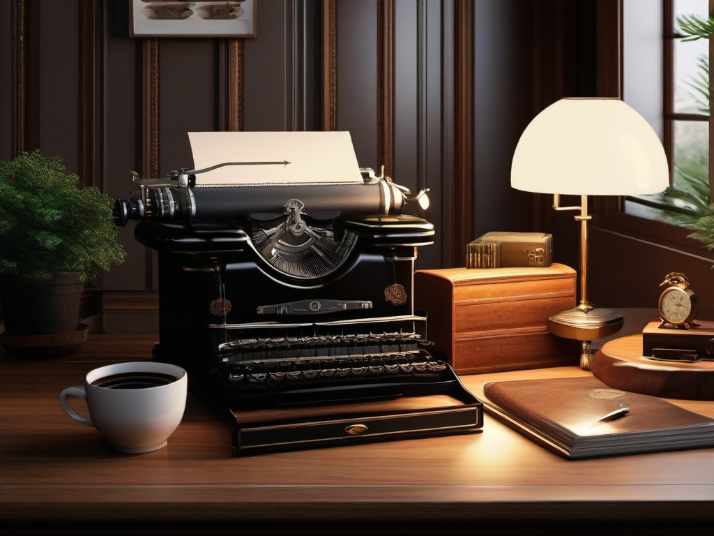 The home office exemplifies vintage interior design, featuring a classic wooden desk, vintage typewriter, and warm lighting that creates a welcoming and inspiring workspace.  